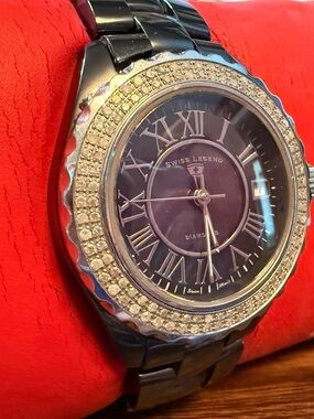 Swiss Legend Black Karamica Watch with Mother of Pearl and Diamonds